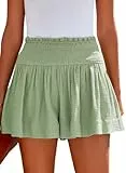 Tincini Shorts Damen Sommer Baumwolle Elastisch High Waist Kurze Hosen Causal Rüschen Strandshorts Einfarbig Freizeit Shorts Sweatpants (Grün,S)
