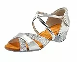 missfiona Mädchen Latein Tanzschuhe Kinder Glitzer Salsa Ballsaal Schuhe mit Leder Sohle(32 EU, Silber)