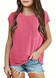 Haloumoning Mädchen T-Shirts Rundhals Kurzarm Kappe Ärmel Top Leicht einfarbig Tee mit Brusttasche Sommer Oberteil Rosa Rot 10-12 Jahre