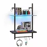 Bestier 38 cm 2-stufiges schwebendes Rohrregal, industrielles wandmontiertes Leiterregal mit Rundrohr und Haken, Holzregal für Dekoration und Aufbewahrung, Bücherregal für Wohnzimmer, Küche, Balkon