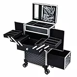 Kosmetik Trolley Friseurkoffer mit Schublade und Spiegel Kosmetikkoffer mit 4 Tabletts Make up Koffer Groß Schminkkoffer Nagelkkoffer Abschließbare Beauty Case Friseur Box,Schwarz