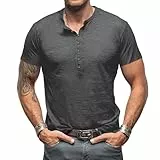 Henley Shirt Herren Kurzarm T-Shirts für Herren V Ausschnitt Vintage Slim Fit Kurzarm Knopf T-Shirt Grau M