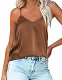Ekouaer Damen Satin Tank Top Ärmellose Blusentop Basic Cami Lässige Weste V-Ausschnitt Unterhemden Braun XXL