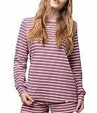greenjama Damen Langarm-Shirt Ringel, GOTS-Zertifiziert Pyjamaoberteil, Grape, 40