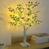 WIYETY LED Timer Baum Lichter: 60cm Weißer Baum Grüne Blätter, USB Batterie Innen Deko für Weihnachten Frühling Dekoration (Weiß/Grün 60cm)