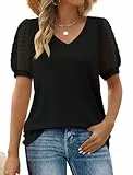 Aokosor Damen Sommer Tops V-Ausschnitt T-Shirt Schweizer Punkt Puffy Ärmel Shirts Schwarz 2XL
