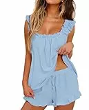 MARZXIN Schlafanzug Damen Kurz Zweiteiliger Pyjama Kurzarm Set Brautpyjama Sommer Nachtwäsche Loungewear Sleepwear Hausanzug Rüschen Ärmelloses Tank Top und Short Blau XL