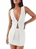 Tankaneo 2-teiliges Urlaubsset für Damen, ärmellos, V-Ausschnitt, lange Weste, Strickoberteil und Minirock, Sommer-Strand-Outfits, Weiss/opulenter Garten, S