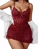 Avidlove Damen Sexy Body Elegant Kleid Spitze Dessous Set Reizwäsche Kurz Nachthemd Mesh Babydoll Push Up BH mit Bügel Plissiertes Kostüm Party Outfit mit String Rot M