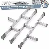 Schubladen-Organizer, Verstellbarer Schubladeneinsatz aus Aluminium für Clutter-Freie Küche, Schubladen, Büro, Klinik, Set aus 9 Trennelementen (3 lang + 6 kurz) 44.5-50 cm tief |VERBESSERT