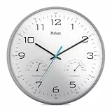 Mebus moderne Quarz-Wanduhr mit Temperaturanzeige und Luftfeuchtigkeit, 30 cm Durchmesser groß, Wohnzimmer, Küchenuhr, Rund / Modell: 16182 / Farbe: Grau