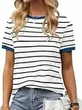 Fisoew Damen Streifen T Shirt Rundhalsausschnitt Kurzarm Basic Stripe Tee Tops Blau XXL