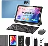 Tablet 10 Zoll Android 15: 2025 Neueste 7000mAh Octa-Core 8GB RAM+64GB 1TB TF Tablet PC WiFi 6 2.4G/5G Bluetooth 5.0 1280 * 800 FHD GMS Dual Kamera mit Tastatur Maus, Typ C, Adapter, Hülle, OTG, Stift