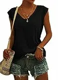 GeGekoko Damen T-Shirt Kurzarm V-Ausschnitt Flügelärmeln Oberteile Blusen Sommer Casual Lose Tank Top Basic Mädchen Tops Schwarz M