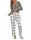 Bresdk Schlafanzug Damen Baumwolle Lang Pyjama Set mit Langarm und Karierte Pyjamahose Schlafanzüge Junge Frauen Grau M