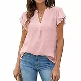 GOTOTOP Damen V-Ausschnitt Chiffon Hemd Sommer Spitze Spitzen Rüschen Kurzarm Atmungsaktiv Tunika Blusen(L-Rosa)