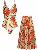 GRACE KARIN Damen Straps Bikini Hohe Taille V Ausschnitt Schwimmen Badeanzug mit Langem Rock 2Pcs Set Tummy Control Badeanzüge Orange L