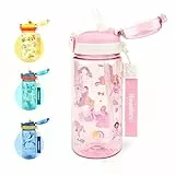 Wooshwa Trinkflasche Kinder, Auslaufsicher Einhandöffnung, Sport Wasserflasche mit Strohhalm, Kindergarten Schule Sport Flasche für Mädchen, Tragegriff BPA-frei Spülmaschinenfest 600ml, Prinzessin
