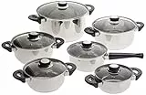 axentia Edelstahl-Topfset Karin 6-teilig, 5 Kochtöpfe & 1 Stiel-Kasserolle mit Glasdeckel, Kochtopf-Set mit Schüttrand & Sandwichboden für optimale Wärmeverteilung, Topf-Set für alle Herdarten geeignet (außer Induktion), Ø von 14 - 24 cm