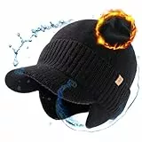 TOP-EX Große Herren und Damen Merino Wollmütze mit Schirm, Ohrenklappen und Fleece, wasserdicht und Winddicht, ideal für Outdoor-Sport, L/XL Schwarz