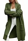 Imily Bela Damen Strickjacke mit Taschen Lang Grobstrick Cardigan Herbst Strickmantel Winter Open Front Pullover(Armeegrün, M)