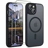 HGH 3 in 1 für iPhone 15 Hülle mit Kameraschutz für Magsafe, mit 2 Schutzglas, [Militärschutz] Durchscheinende Rückseite Magnetisch Hülle für iPhone 15 Case, Schwarz