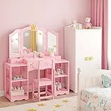 Bonnlo Schminktisch mit Hocker und Abnehmbarer Spiegel, Kindertisch mit Aufbewahrungsboxen und offenen Fächern, für Mädchen ab 3 Jahren, Rosa