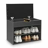 Juskys Schuhregal mit Klappdeckel und gepolstertem Sitz 60x30x44 cm - Schmale Sitzbank aus Holz mit Schuhablage und Polster — Grau-Schwarz