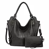 Realer Damen Handtaschen Groß Shopper Lederhandtasche Schultertasche Umhängetasche Geldbörse Hobo Damen Taschen Set für Büro Schule Einkauf Reise 2pcs Dunkelgrau