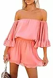 Pink Queen Damen Trägerlos Boho Jumpsuit Mini Kleid Rüschen Strampler Shorts Schulterfrei Sommer Spielanzug Korallenrot S