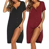 Ekouaer Nachthemd Damen Kurzarm 2er Knöpfen Schlafshirt Kurz Sleepshirt Knopfleiste Nachtwäsche, Schwarz + Weinrot L