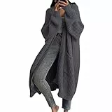 HSUAYEUD Strickjacke Damen mit Kapuze 2025 Langarm Grobstrick-Cardigan Open Front Sweater Herbst Winter Strickmantel Lang Strickcardigan Pullover mit Taschen Grau L