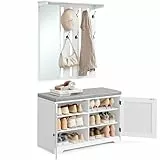 VASAGLE Schuhbank Wandgarderobe Set, Garderobe mit Spiegel, 8 Doppelhaken, Schuhschrank mit verstellbaren Ablagen, Doppeltüren, Sitzbank, Sitzpolster abnehmbar, 81 cm breit, wolkenweiß LSC010W01