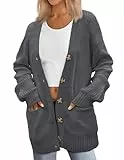 Zeagoo Damen Strickjacke Langarm V-Ausschnitt Grobstrick Cardigan mit Knöpfen Herbst Locker Lang Strickjacken Casual Warme Strickweste Taschen Grau L