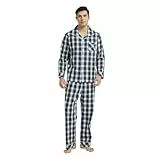 Vulcanodon Pyjama Herren 100% Baumwolle Schlafanzug lang Set kariert mit Knopfleiste weiche Nachtwäsche (Marineblau, L)