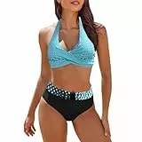 Shffuw Badeanzug Damen Bikini Set Tummy Control V Neck Halterneck Schwimmanzug Damen Neckholder Rückenfrei Bauchweg High Waist Bikini Set Push Up Sexy V Ausschnitt Zweiteiliger Badeanzüge Bademode