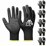 flintronic 6 Paar Arbeitshandschuhe, Nylon Arbeit Handschuhe für Herren und Damen, Beschichtete Gartenhandschuhe, mit PU-Beschichtung, Rutschfeste Handschuhe, für Bauarbeiter Mechaniker, Schwarz 8/M