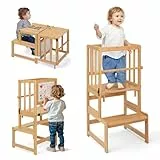 COSYLAND 3-in-1 Lernturm für Kinder - Klappbarer Learning Tower mit Tafel - Multifunktionaler, Faltbarer Holz-Lernturm für Küche, Tisch und Bad, ab 18 Monaten (Naturfarbe)