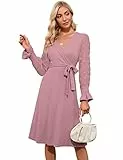 KOJOOIN Damen Kleid Strickkleid Pulloverkleid Elegant A-Line Tunika Kleid V-Ausschnitt Langarm Midikleid mit Gürtel（Verpackung MEHRWEG）,Rosa,XL