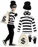 Räuber Kostüm für Kinder Bankräuber Outfit mit Gestreiftes Oberteil Beanie Handschuhe Augenmaske Beuteltasche Kinderkostüm für Mädchen und Jungen, Perfekt für Halloween Cosplay Party und Karneval