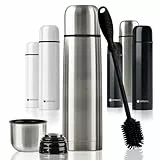 Edelstahl Thermosflasche mit Becher & Bürste; Thermoskanne Doppelwandige Isolierkanne; Auslaufsicher, Spülmaschinenfest & BPA-frei + Reinigungsbürste; hält Getränke heiß & kalt (Silber - 500 ml)