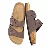 FITORY Damen Pantoletten mit Kork-Fußbett Leder Bequem Rutschfest Sandalen Frauen Sommer Latschen Schlappen Hausschuhe verstellbaren Riemen bräunlichgelb Größe 41
