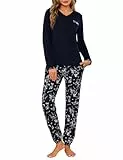 Jahetuul Schlafanzug Damen Langarm Pyjama Baumwolle lang Nachtwäsche Pyjamas Set Baumwolle Lounge Schlafanzüge Pyjamahose mit Bündchen