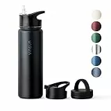 Vinsun Edelstahl Trinkflasche 750ml - Strohhalm, Trinköffnung, Drehverschluss - auslaufsicher, Kohlensäure geeignet - leichte Thermosflasche Sport, Outdoor, Schule, Büro
