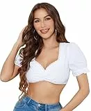 Funspread Dirndl Bluse Damen Weiß - Dirndlbluse Kurzarm Trachtenblusen Dirndlblusen für Oktoberfest 38