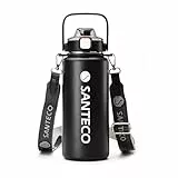 SANTECO Thermosflasche Edelstahl mit Strohhalm, Trinkflasche 1,2l BPA-Frei mit Abnehmbarer Schultergurt, Isolierflasche Auslaufsicher Wasserflasche Spülmaschinenfest für Laufen Wandern Schwarz