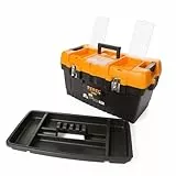 Perel Werkzeugkoffer Kunststoff, Werkzeugkasten leer, Werkzeugbox, Werkzeug Organizer Box, Tool Box, 3 Organizer im Deckel, 2 Metallverschlüsse, schwarz/orange, 564 x 310 x 310 mm