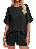 Tankaneo Schlafanzug Damen Kurz Zweiteiliger Pyjama Set Rundhals Kurzarm Sommer Nachtwäsche Locker Lässig mit Kordelzug Schwarz L