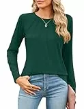 Florboom Langarmshirt Damen Casual Rundhals Einfarbig Plissee Oberteile Tshirt, Grün L