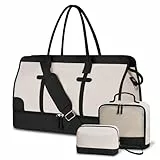 ETRONIK Weekender Reisetasche Damen, Große Weekender Bag Mit Schuhfach & Nass-Tasche, Tragetasche Travel Bag Mit Kulturtasche, Tasche für kliniktasche 3er Set Beige-Schwarz Weiß Large